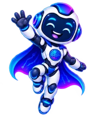 The Engineer mascot: a friendly blue and white robot in a circuit-patterned cape, leaping with both arms thrown up and the cape streaming behind it