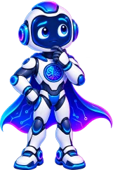 The Engineer mascot: a friendly blue and white robot in a circuit-patterned cape, standing with a hand at its chin and looking up in thought