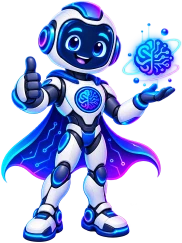 The Engineer mascot: a friendly blue and white robot in a circuit-patterned cape, giving a thumbs up and holding a glowing brain in its open hand