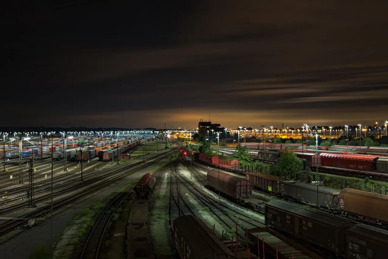 Railway station, freight trains, tracks