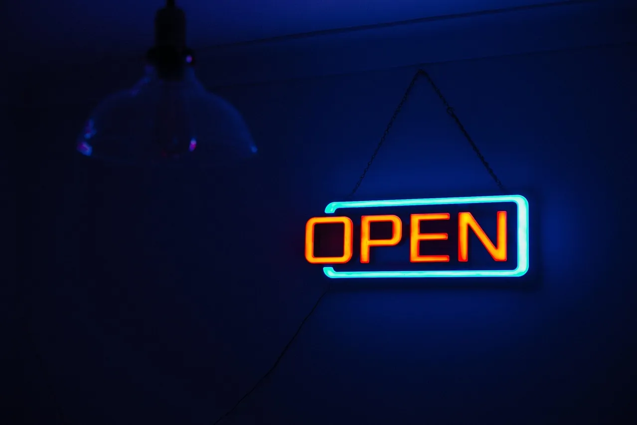 Open sign, neon lights, illuminated